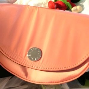 Kendall + Kylie, Small Coral Satin Crossbody with Magnetic Button Closure